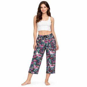 Cynthia Rowley 100% Cropped Linen Pants Size Large Purple Pink Floral Wide Leg